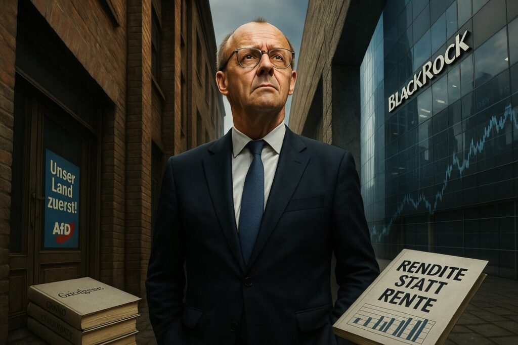 Friedrich Merz steht in einer schmalen Gasse zwischen zwei gegensätzlichen Welten: Links ein Bild deutscher Krise mit geschlossener Ladenfront und AfD-Plakat, rechts moderne Hochhäuser mit dem BlackRock-Logo. Unter ihm liegen das Grundgesetz und ein Dokument mit dem Schriftzug „Rendite statt Rente“. Er blickt ernst in Richtung der Börsenseite – zwischen Realität und Ideologie eingeklemmt.