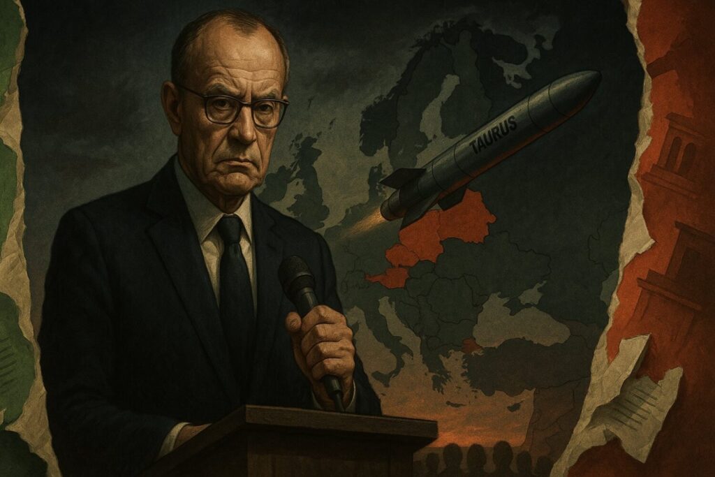 Ein älterer Mann mit ernstem Blick steht an einem Podium. Hinter ihm eine Karte Europas mit hervorgehobenen Ländern Deutschland und Russland. Eine Rakete mit der Aufschrift „TAURUS“ fliegt dazwischen. Am unteren Bildrand: schemenhafte Menschenmenge, am Rand zerrissene Parlamentsfragmente.
