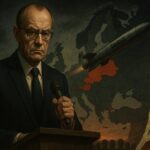 Ein älterer Mann mit ernstem Blick steht an einem Podium. Hinter ihm eine Karte Europas mit hervorgehobenen Ländern Deutschland und Russland. Eine Rakete mit der Aufschrift „TAURUS“ fliegt dazwischen. Am unteren Bildrand: schemenhafte Menschenmenge, am Rand zerrissene Parlamentsfragmente.