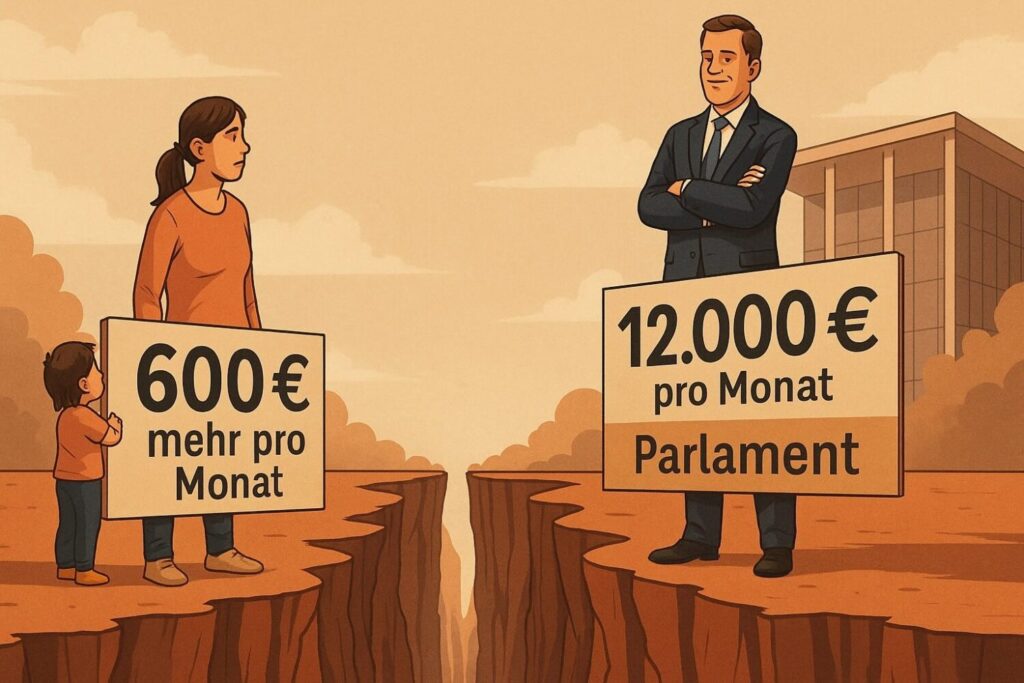 Zwischen Welten: Eine alleinerziehende Mutter kämpft mit dem Wunsch nach 600 € mehr im Monat – für sie existenziell. Ein Bundestagsabgeordneter blickt von seiner sicheren Plattform auf sie herab – 12.000 € monatlich sind für ihn Normalität. Dazwischen: die Kluft der sozialen Gerechtigkeit.