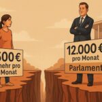 Zwischen Welten: Eine alleinerziehende Mutter kämpft mit dem Wunsch nach 600 € mehr im Monat – für sie existenziell. Ein Bundestagsabgeordneter blickt von seiner sicheren Plattform auf sie herab – 12.000 € monatlich sind für ihn Normalität. Dazwischen: die Kluft der sozialen Gerechtigkeit.