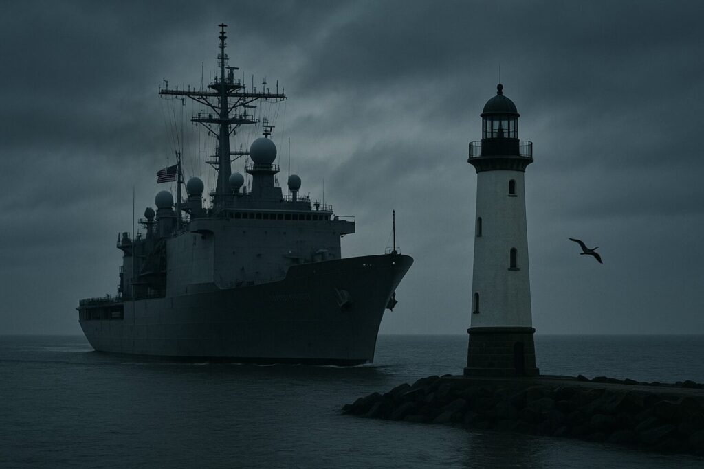 Die USS Mount Whitney verlässt Warnemünde und überragt dabei den Leuchtturm – ein symbolträchtiger Moment am Beginn des NATO-Manövers.