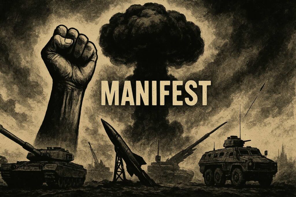 Digitale Illustration einer erhobenen Faust im Vordergrund, Symbol für Widerstand. Im Hintergrund eine große atomare Pilzwolke und verstreutes militärisches Gerät wie Panzer, Raketen und gepanzerte Fahrzeuge. Das Wort „Manifest“ steht zentral über dem Schlachtfeld. Hoher Kontrast und düstere Atmosphäre.