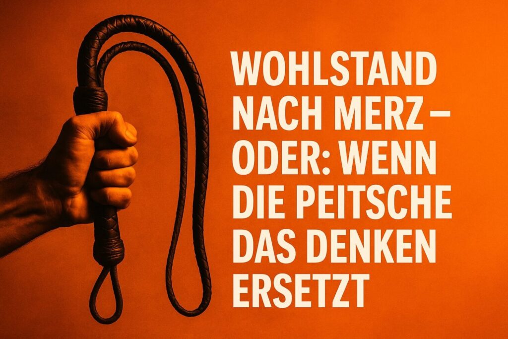 Ein muskulöser Arm hält eine schwarze Lederpeitsche vor orangenem Hintergrund. Daneben steht in weißer Großschrift: „WOHLSTAND NACH MERZ – ODER: WENN DIE PEITSCHE DAS DENKEN ERSETZT.“