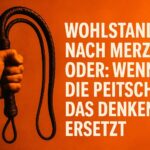 Ein muskulöser Arm hält eine schwarze Lederpeitsche vor orangenem Hintergrund. Daneben steht in weißer Großschrift: „WOHLSTAND NACH MERZ – ODER: WENN DIE PEITSCHE DAS DENKEN ERSETZT.“