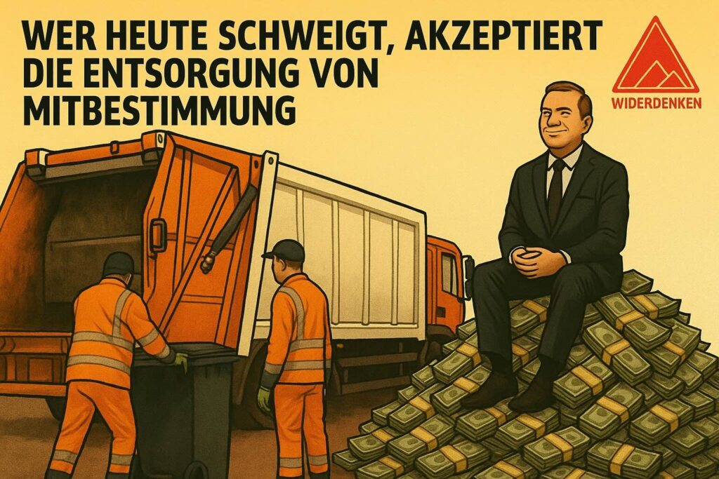 Zwei Müllwerker schuften im Hintergrund, während ein Anzugträger selbstzufrieden auf einem Berg aus Geld sitzt – mitten im Betriebsalltag. Die Botschaft: Wer profitiert, während andere den Dreck wegmachen, entscheidet auch, wer sprechen darf. Doch nur, wenn wir schweigen.