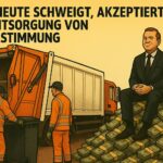 Zwei Müllwerker schuften im Hintergrund, während ein Anzugträger selbstzufrieden auf einem Berg aus Geld sitzt – mitten im Betriebsalltag. Die Botschaft: Wer profitiert, während andere den Dreck wegmachen, entscheidet auch, wer sprechen darf. Doch nur, wenn wir schweigen.
