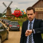 Ein Mann im Anzug schaut frustriert auf seine Uhr, während hinter ihm eine lange Autoschlange über einen Feldweg zu einem Erlebnisbauernhof führt. Der Hof ist bunt dekoriert mit Luftballons, einem riesigen Erdbeer-Maskottchen und einer Windmühle.