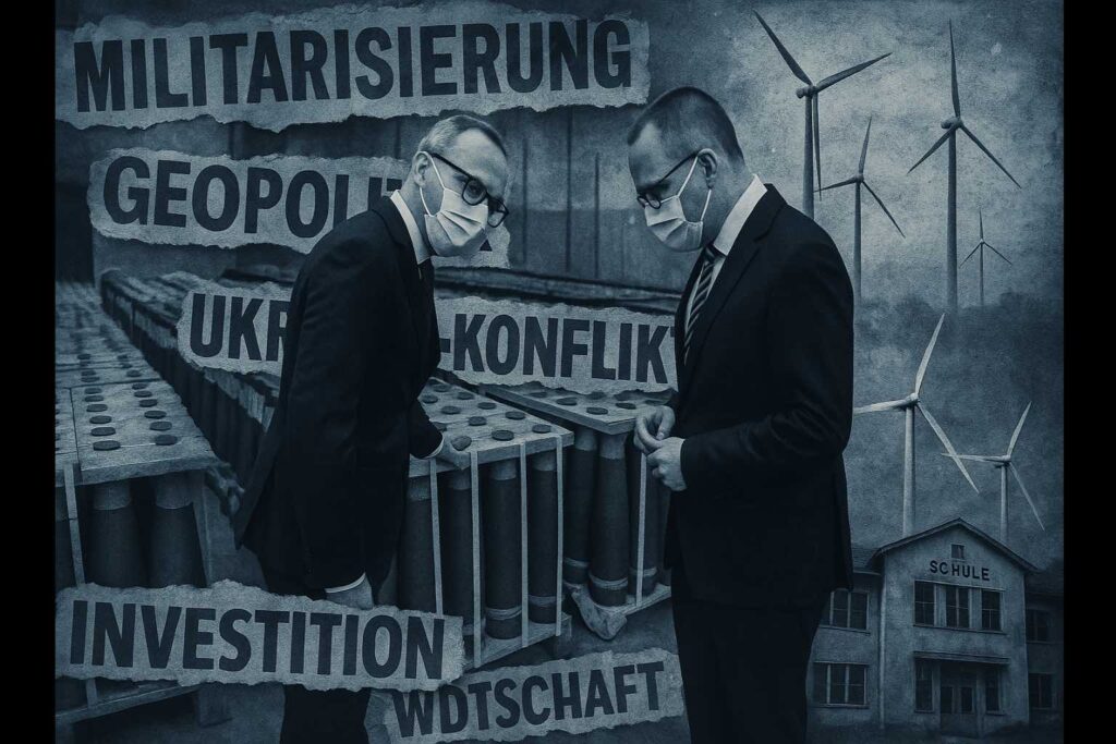Symbolträchtige Collage: Zwischen industrieller Rüstung und gesellschaftlicher Alternative – von Granaten zu Windrädern, von Konferenzraum zu Klassenzimmer.