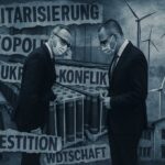 Symbolträchtige Collage: Zwischen industrieller Rüstung und gesellschaftlicher Alternative – von Granaten zu Windrädern, von Konferenzraum zu Klassenzimmer.