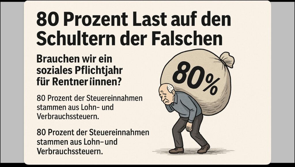 Ein Rentner beugt sich unter der schweren Last von „80 %“. Der Text daneben thematisiert die Forderung nach einem Pflichtjahr für Rentner*innen und verweist auf Steuerungerechtigkeit.
