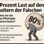 Ein Rentner beugt sich unter der schweren Last von „80 %“. Der Text daneben thematisiert die Forderung nach einem Pflichtjahr für Rentner*innen und verweist auf Steuerungerechtigkeit.