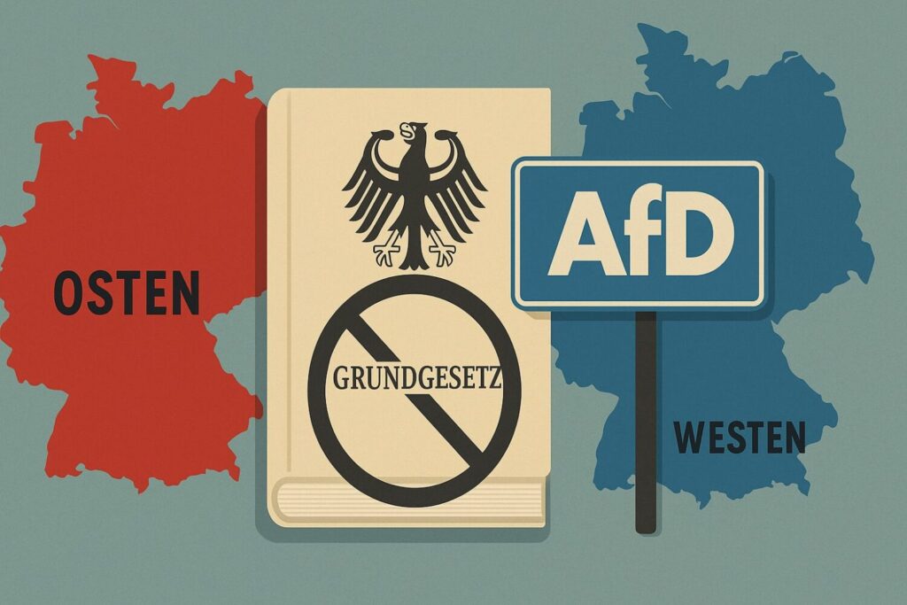 Visuelle Darstellung des Gegensatzes zwischen Grundgesetz und AfD, mit Ost- und Westdeutschland im Hintergrund.