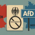 Visuelle Darstellung des Gegensatzes zwischen Grundgesetz und AfD, mit Ost- und Westdeutschland im Hintergrund.