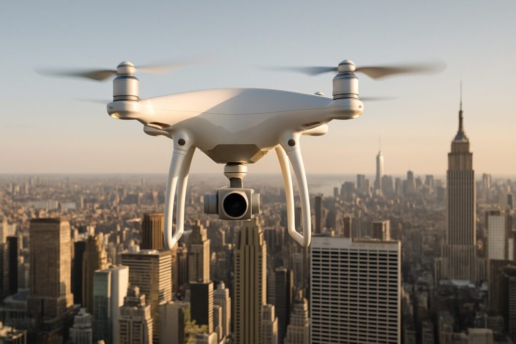 Symbolfoto: Drohne über urbaner Skyline – verweist auf die Diskussion um unbewiesene Drohnensichtungen in Nordeuropa