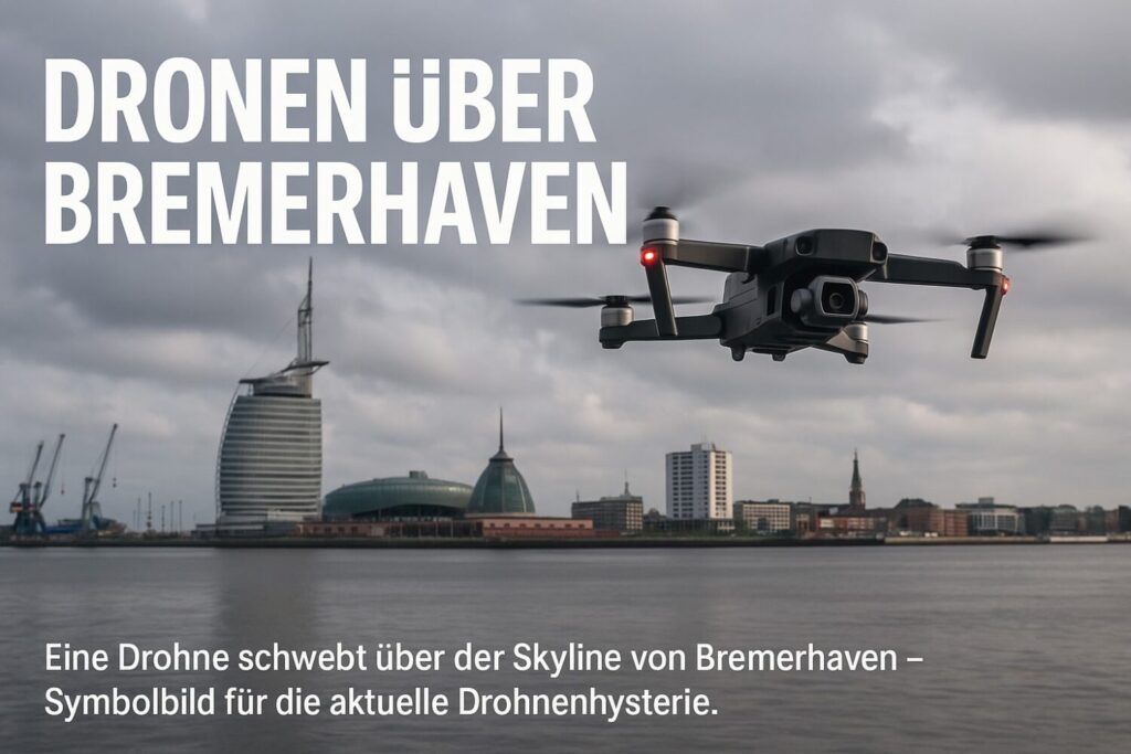 Über den Hafenanlagen von Bremerhaven ist eine Drohne zu sehen – Sinnbild für die Debatte um unbestätigte Sichtungen und politische Überreaktionen.