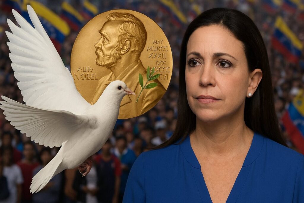 Die neue Friedensikone des Westens im Zentrum: Machado, Medaille, Taube – im Hintergrund das Volk Venezuelas. Ein visuelles Narrativ voller Widersprüche.