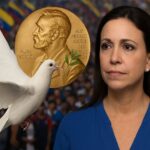 Die neue Friedensikone des Westens im Zentrum: Machado, Medaille, Taube – im Hintergrund das Volk Venezuelas. Ein visuelles Narrativ voller Widersprüche.