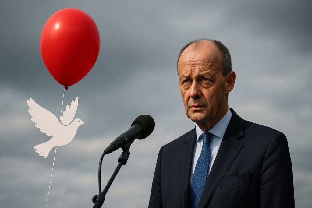 Ein roter Ballon mit einer weißen Friedenstaube steigt auf, während Bundeskanzler Merz ernst in die Ferne blickt – Sinnbild für ein Land zwischen Frieden und Unsicherheit.