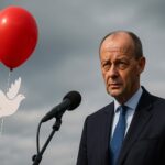 Ein roter Ballon mit einer weißen Friedenstaube steigt auf, während Bundeskanzler Merz ernst in die Ferne blickt – Sinnbild für ein Land zwischen Frieden und Unsicherheit.